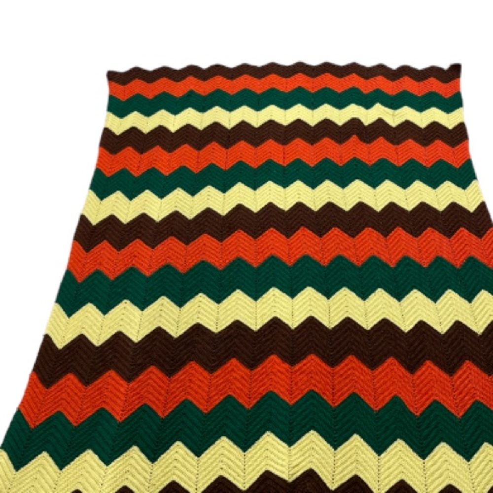 Vintage Throw Blanket Granny Zig Zag Chevron Orange Brown Yellow Green 60x48 - Picture 2 of 2